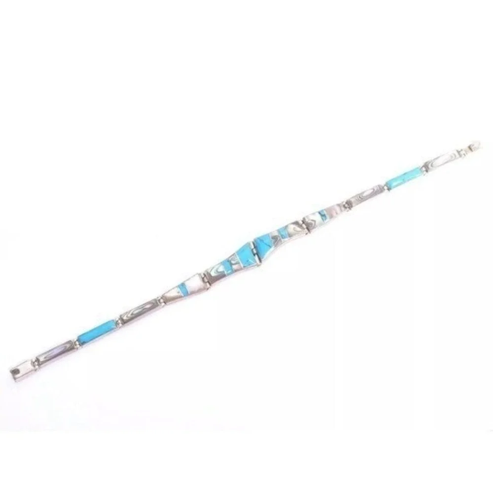 STERLING SILVER TURQUOISE ABALONE INLAY LINK BRACELET‎ NATIVE AMERICAN STYLE